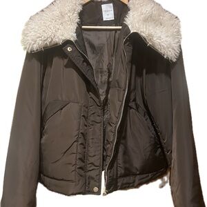 Primark Dark Brown Puffer Jacket with Faux Fur Collar